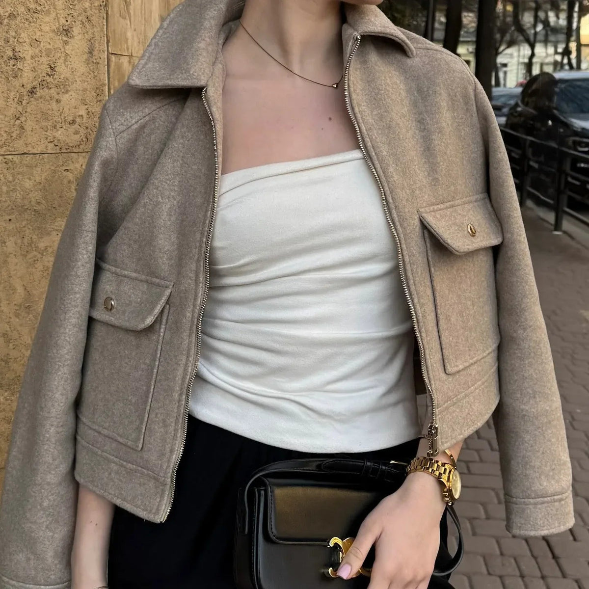 Oatmeal wool blend jacket worn open, close