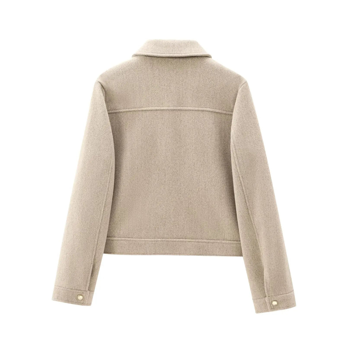 Oatmeal wool blend zip jacket, back view