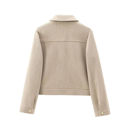 Oatmeal wool blend zip jacket, back view
