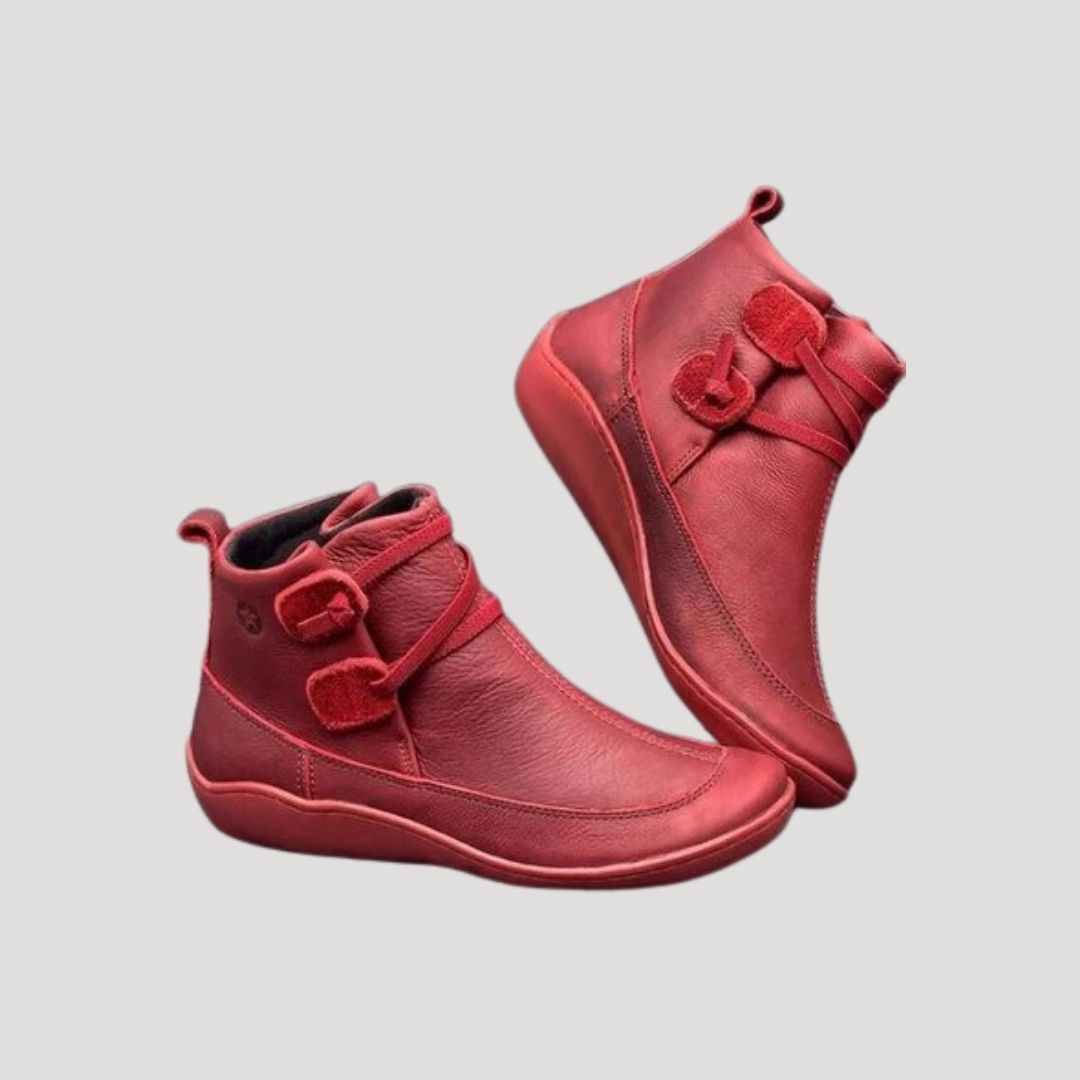 Pair of red ankle boots with wrapped strap and tab detail
