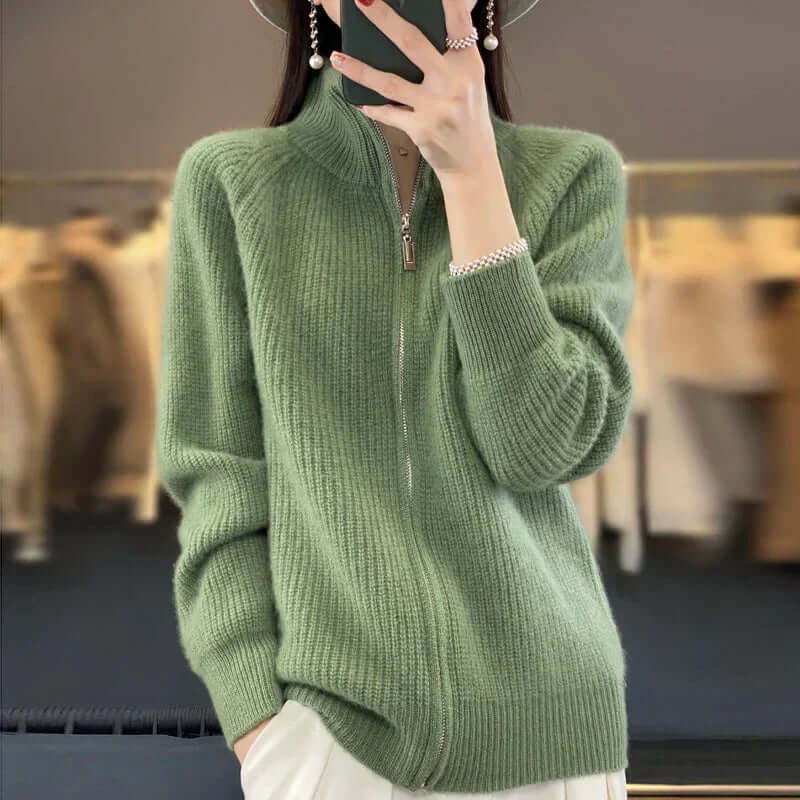 Green zip front knit cardigan with stand collar, front view